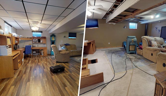 water damage restoration from living room